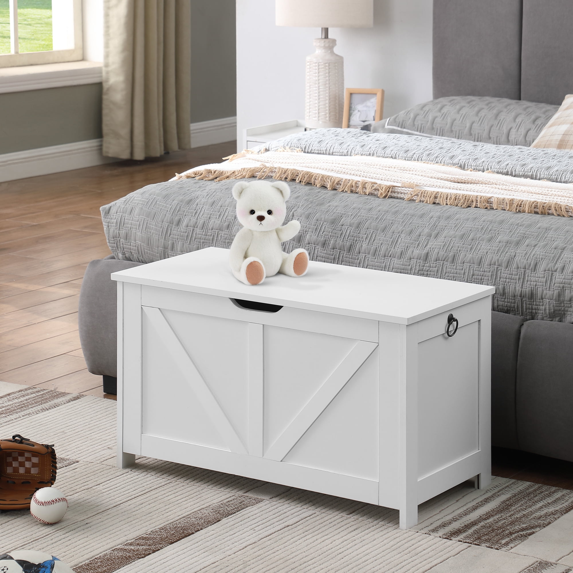 29.5" Storage Ottoman Bench,Storage Chest,Wooden Toy Box Organizer,Entryway Storage Bench with Safety Hinge for Entryway, Bedroom, Living Room,White