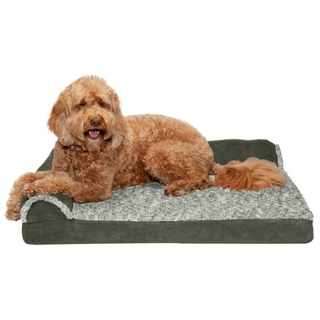 UPC: 0842229104622 | FurHaven Pet Products Two-Tone Faux Fur & Suede Deluxe Orthopedic Chaise Lounge Pet Bed for Dogs & Cats – Dark Sage Large