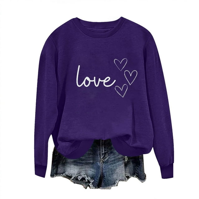 Sudadera Penkiiy Valentine para mujer: lindas camisetas del día de San Valentín Love Heart Graphic Print Suéter de manga larga Tops XS Purple
