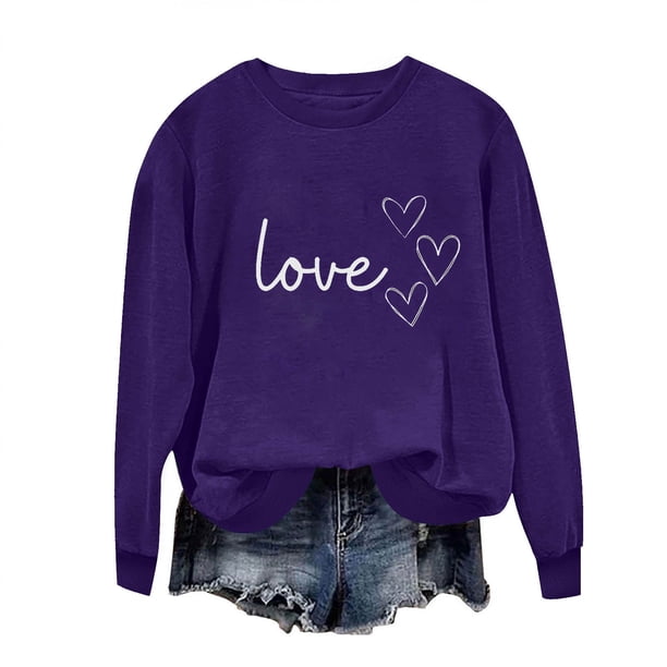 Sudadera Penkiiy Valentine para mujer: lindas camisetas del día de San Valentín Love Heart Graphic Print Suéter de manga larga Tops XS Purple