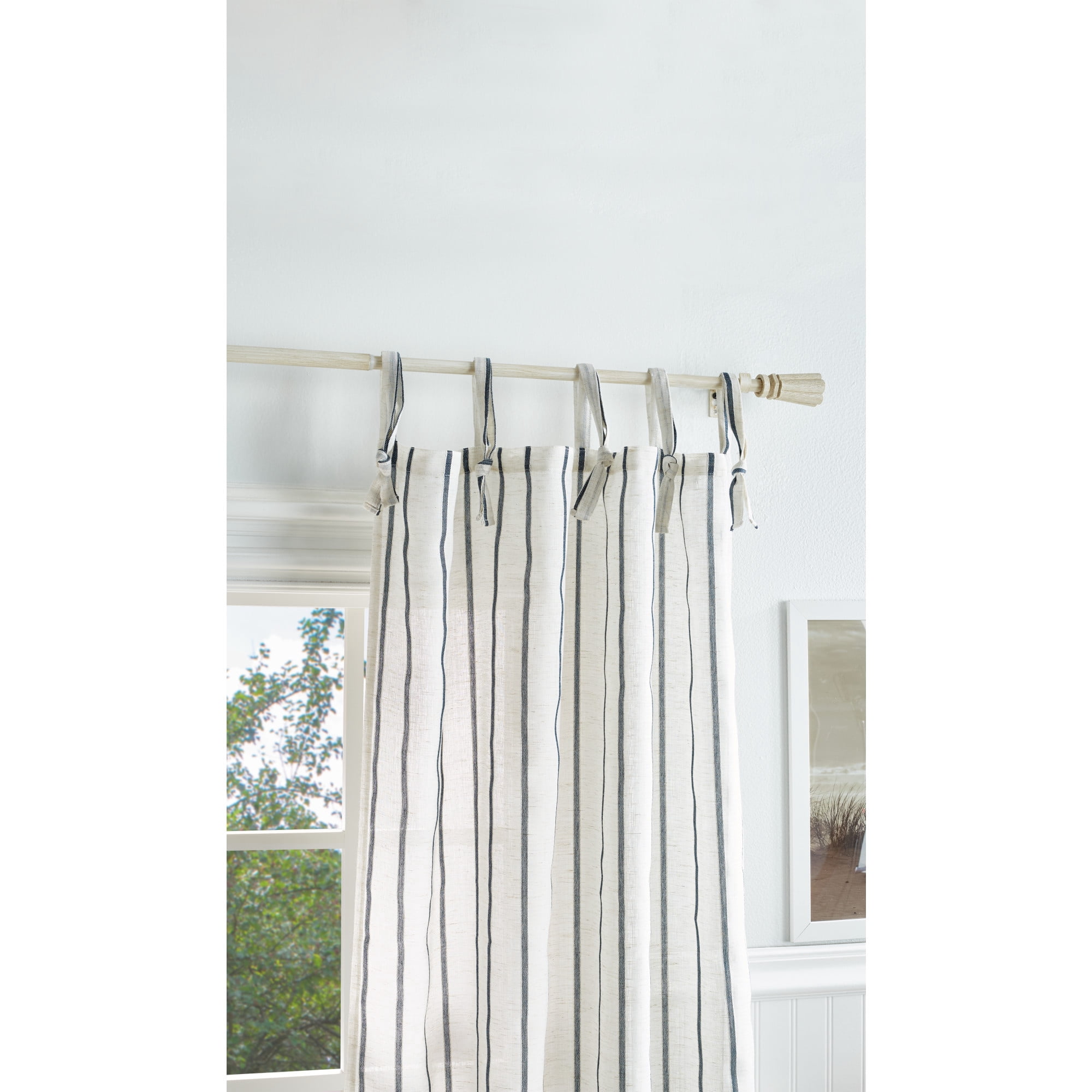Martha Stewart Laguna Stripe Curatin Panel Pair, Navy, Tie Tab, Semi Sheer, Indoor, Adult, 2 Piece Set, 37" x 95"