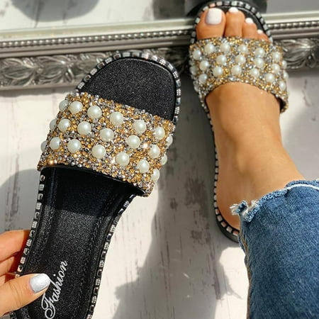 

YOTAMI Slippers for Women Women s Fashion Pearl Crystal Thick Sole Flat Slip On Beach Slippers Shoes Gold