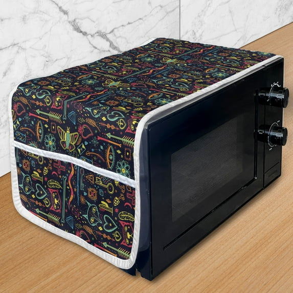 Modern Microwave Oven Cover, Halloween Magic Mysterious Symbols Fox Flowers Doodle Flowers Feather Boho Tribal, Water Resistant Organizer with Pockets for Kitchen, 36" x 12", Multicolor, by Ambesonne