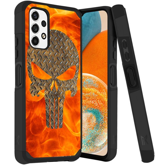 ANJ  Rugged Dual Layered Shockproof Slim Hybrid Case   Tempered Glass Cover Compatible with Samsung Galaxy A23 5G - Steel Plate Skullcap