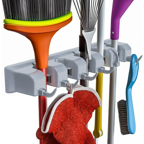 Mop and Broom Holder Wall Mount Heavy Duty Broom Holder Wall Mounted or Tool Organizer For Home Garden Garage And Storage (5 Positions with 6 Hooks)