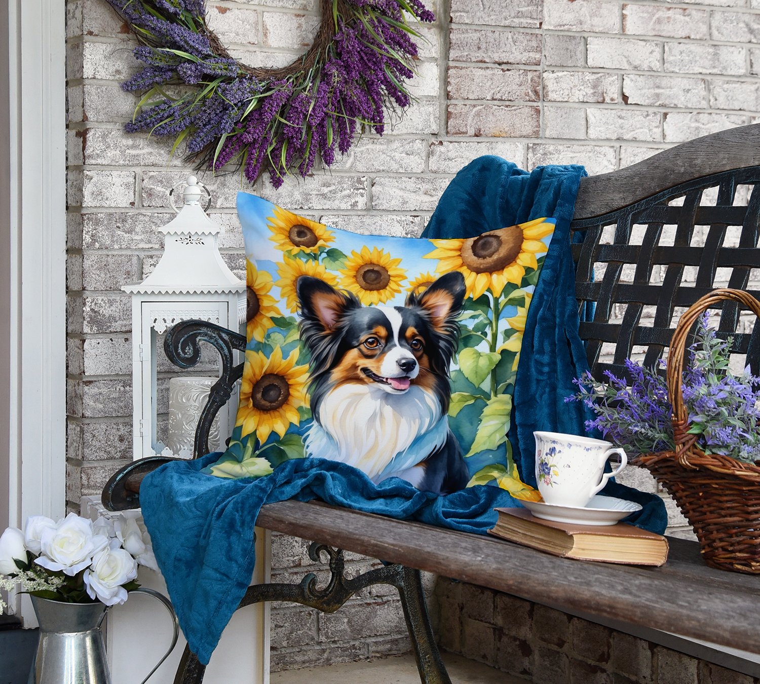Papillon in Sunflowers Throw Pillow 18 in x 18 in