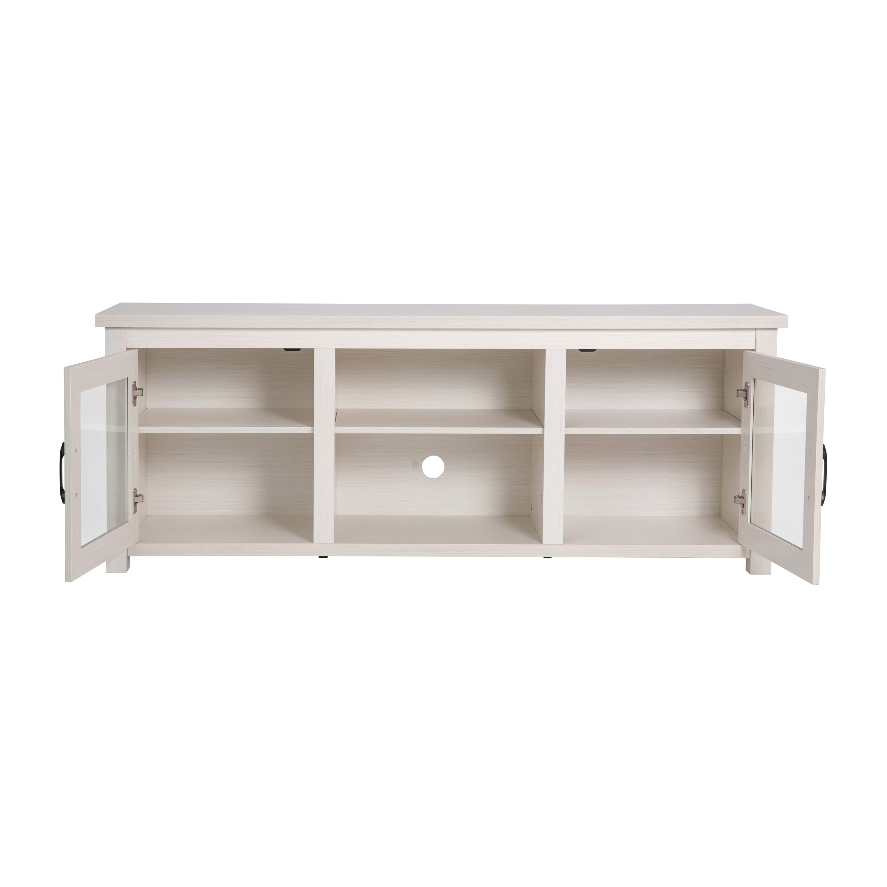 BizChair Classic TV Stand up to 80" TVs - Modern White Wash Finish with Full Glass Doors - 65" Engineered Wood Frame - 3 Shelves