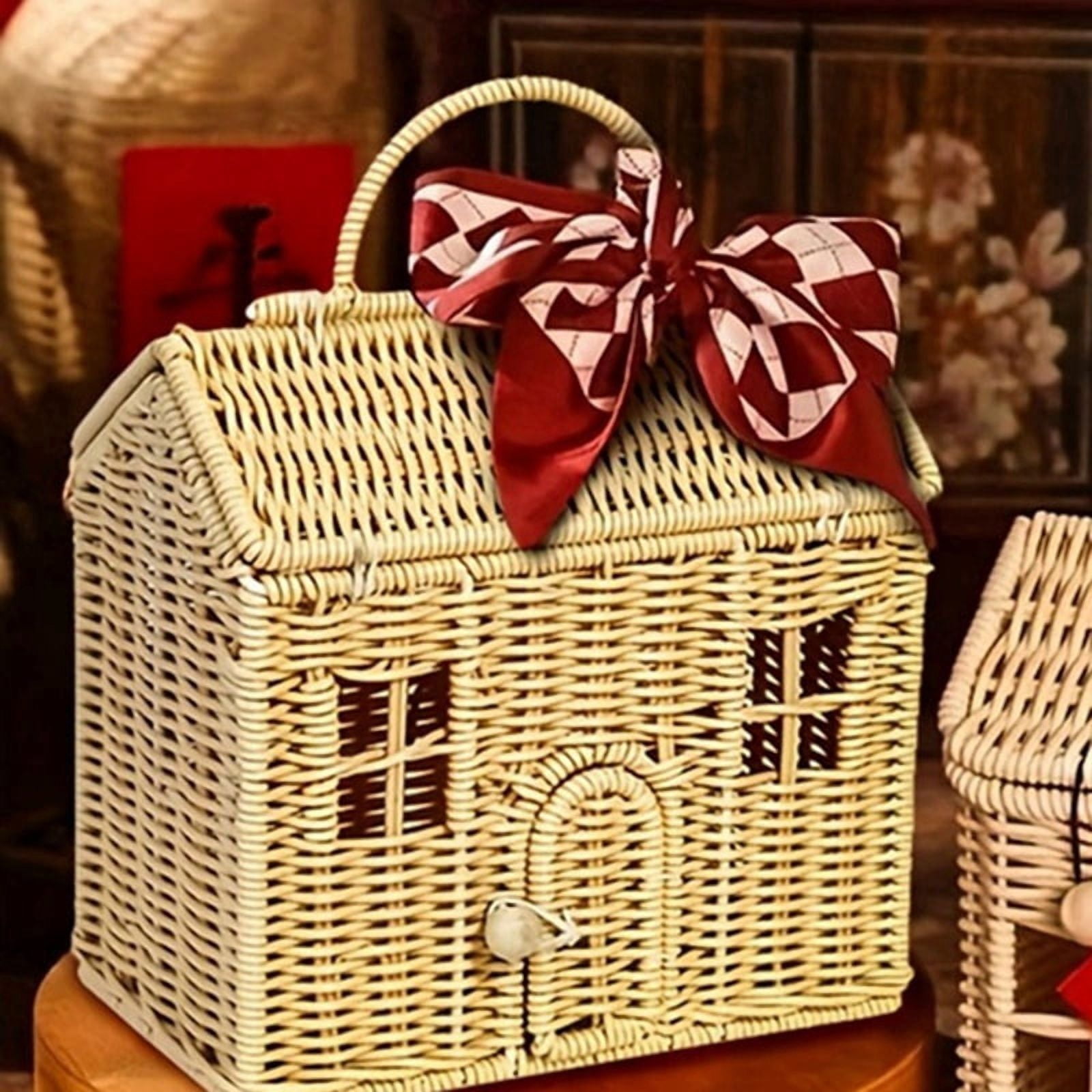 Rattan House Shaped Basket with Lid, Decorative Hand Woven Shelf Organizer with Folding Handle, Harvest Wicker Basket