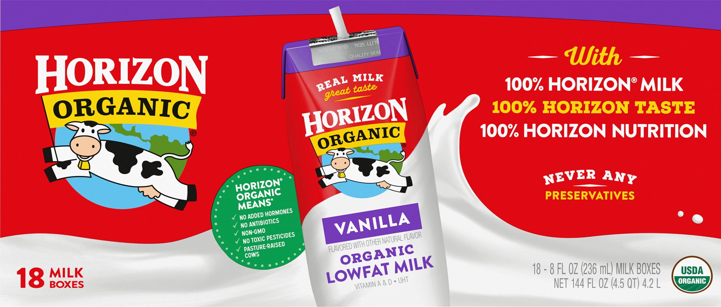 Horizon Organic Shelf-Stable 1% Low Fat Milk Boxes, Vanilla, 8 fl oz, 18 Pack