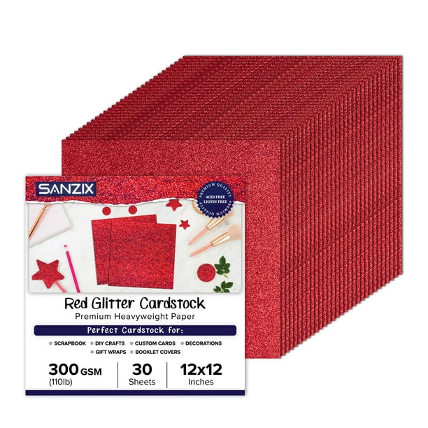 Cartulina con purpurina SANZIX, color rojo, 12 x 12, 300 g/m², 30 hojas