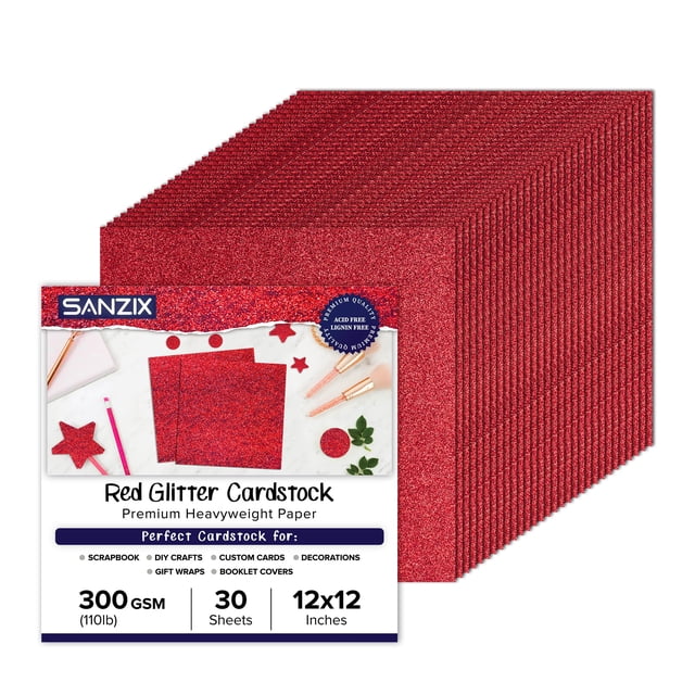 Cartulina con purpurina SANZIX, color rojo, 12 x 12, 300 g/m², 30 hojas