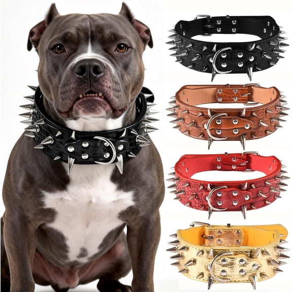Spiked Dog Collar 2 Inch Wide, Leather Croc Pattern Protective Collar with Stainless Spikes for Medium Large Dogs, Punk Style Adjustable Metal Buckle