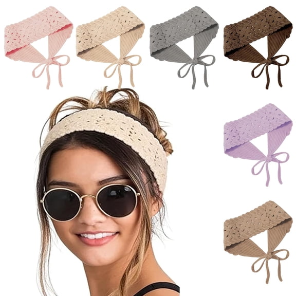 6-Pack Boho Headbands for Women - Handmade Crochet & Knit Hair Bandanas, Adjustable Floral Tie Headbands, Hippie Hair Accessories