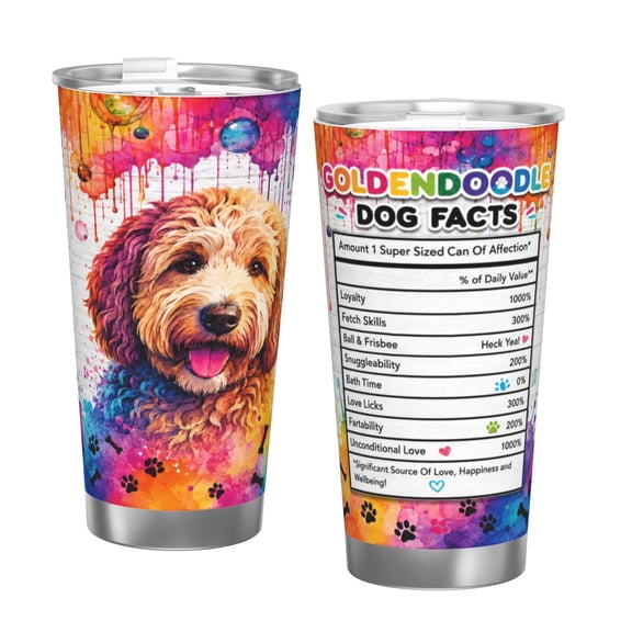 20oz Goldendoodle Dog Facts Insulated Tumbler with Handle and Straw Colorful Travel Cup Gift for Dog Lovers with Single Silver Rim