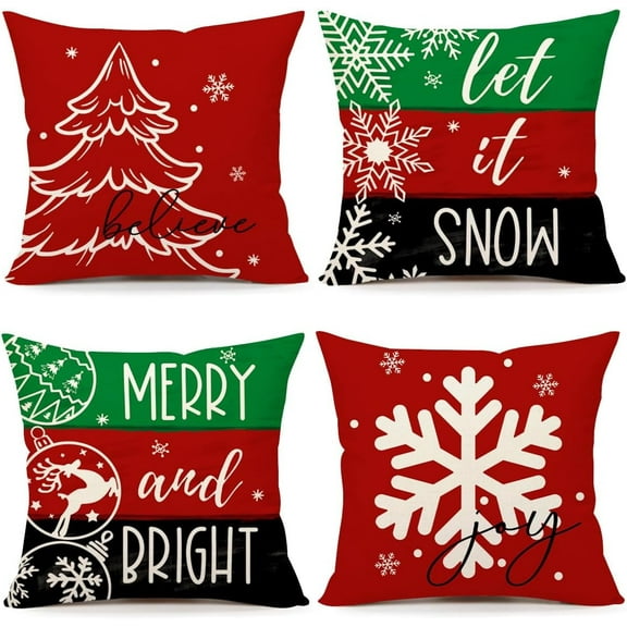 Christmas Pillow Covers 18x18 Set of 4 Farmhouse Christmas Decorations Merry Bright Let it Snow Winter Holiday Decor Throw Cushion Case for Home Couch S23C04