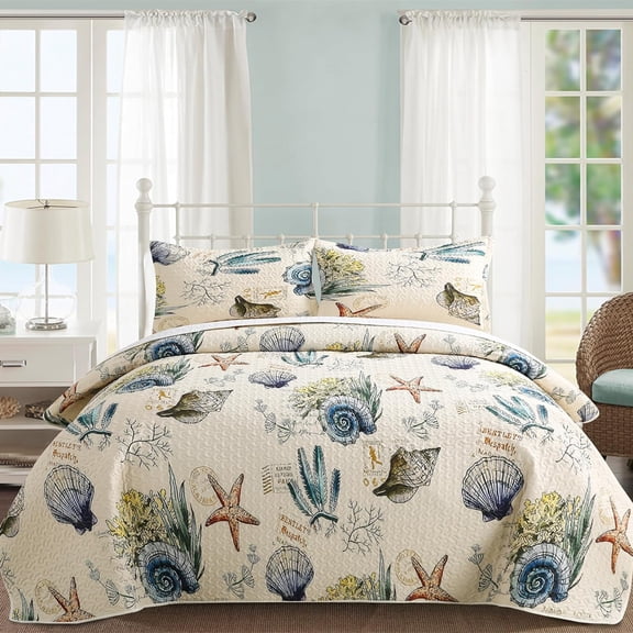 Coastal Quilt Set Lightweight for King Beds – Includes Quilt and Shams (Beige)