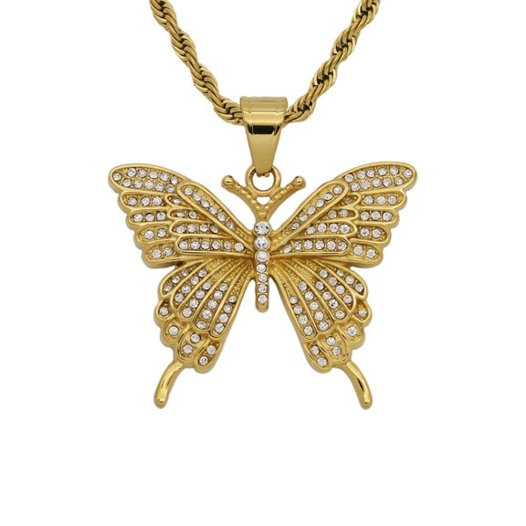 Hip Hop Iced Out Butterfly Pendant Necklace Male 14K Yellow Gold Chains For Men Animal Jewelry