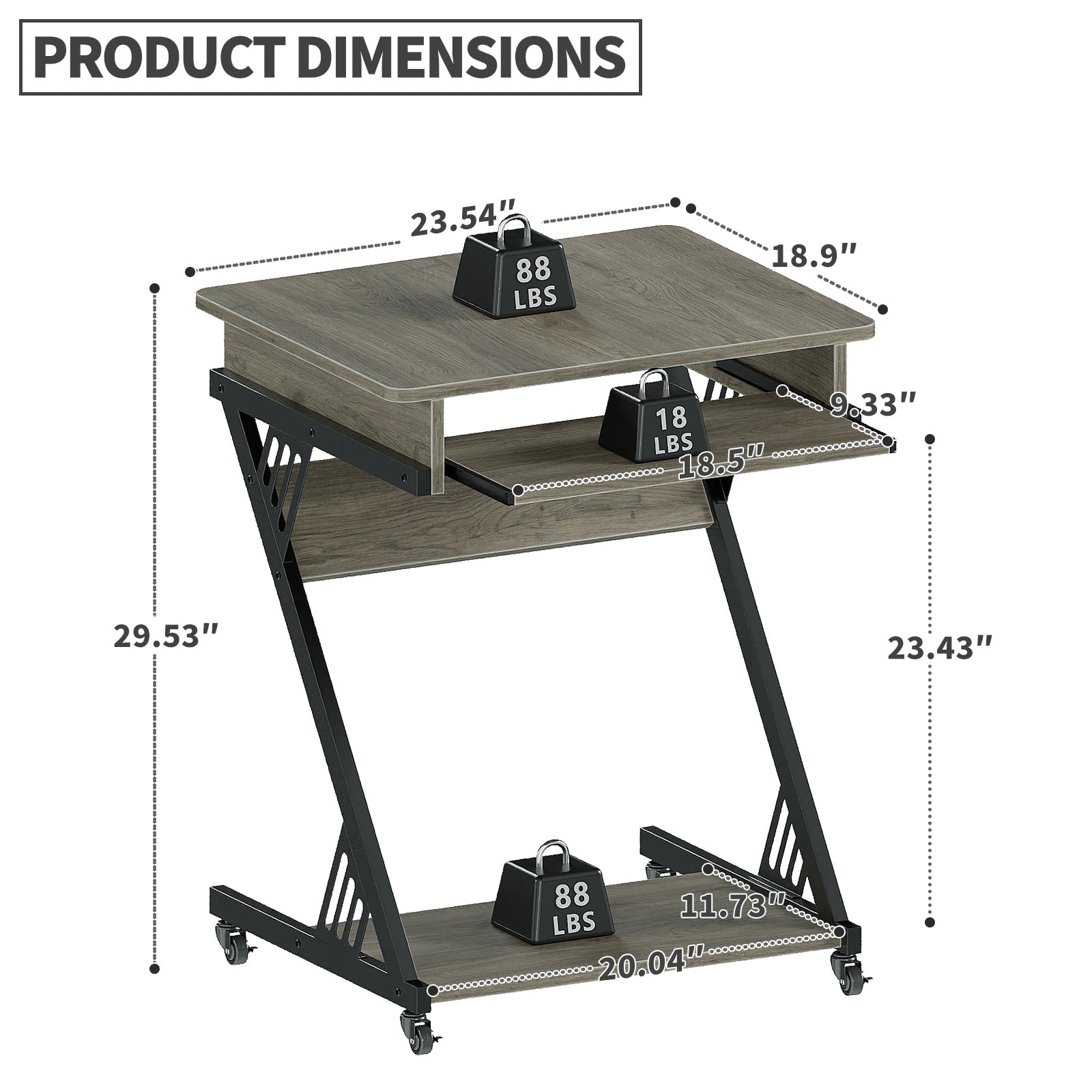 NEWSENDY Mobile Computer Desk with Pull-out Keyboard Tray & Lower Storage Shelf – Rustic Wood Finish Sturdy Fixed-Height Workstation for Adults
