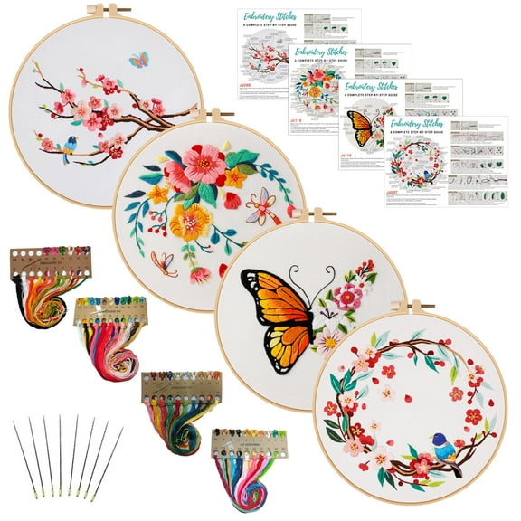 VOCHIC 4 Pack Embroidery Starter Kit with Cherry Floral Stamped for Adults,Beginners Cross Stitch Kit Set Include Embroidery Cloth Instructions Hoops Threads and Needles