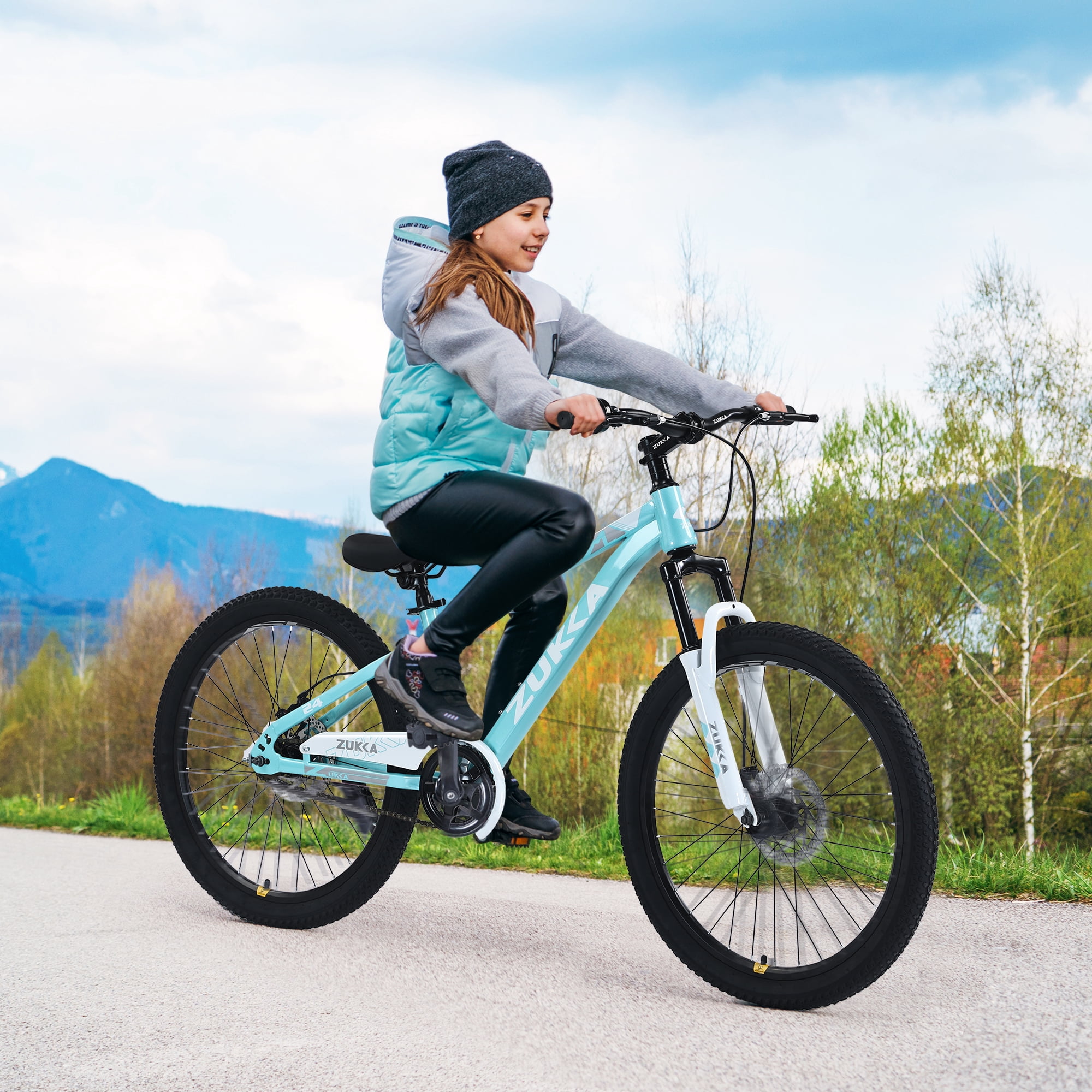 Zukka 24 inch Mountain Bike Double Disc Brake Hardtail Bicycle for Students Aged 9-12 Years Mint