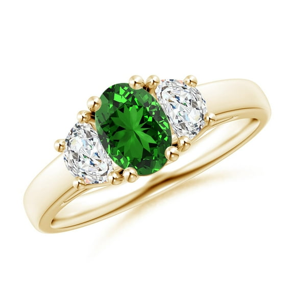 ANGARA Lab Grown Three Stone Oval Emerald and Half Moon Diamond Ring for Women in 14K Yellow Gold (Size-7x5mm) | May Birthstone, Birthday, Anniversary, Jewelry Gift for Women | Lab-Grown Emerald Ring
