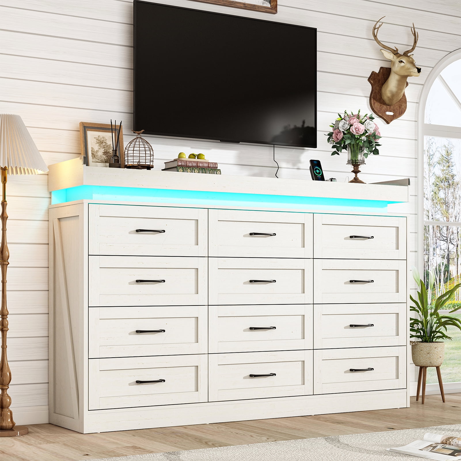 ChVans 12 Drawer Dresser with LED Light and Charging Station, 71" Wide 46" Tall Farmhouse Large Chest of Drawers for Closet, Large Wide Drawer Organizer Cabinet for Bedroom, Living Room