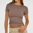 thumbnail image 3 of Dwellite Womens T-Shirts Short Sleeve Workout Tops Crop Cute Tees Compression Casual Y2K Athletic Gym Fitted Brown XL, 3 of 7
