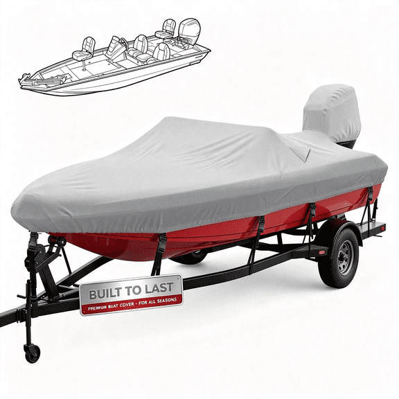 RIONIMA 1200D Bass Boat Cover 17-19Ft with Motor Cover,Fits V-Hull, Gray | Heavy Duty Waterproof Boat Cover, Fits 17' 18' 19' Bass Boat, V-Hull, Tri-Hull & Pro-Style Fishing Boats, Up to 96" Beam