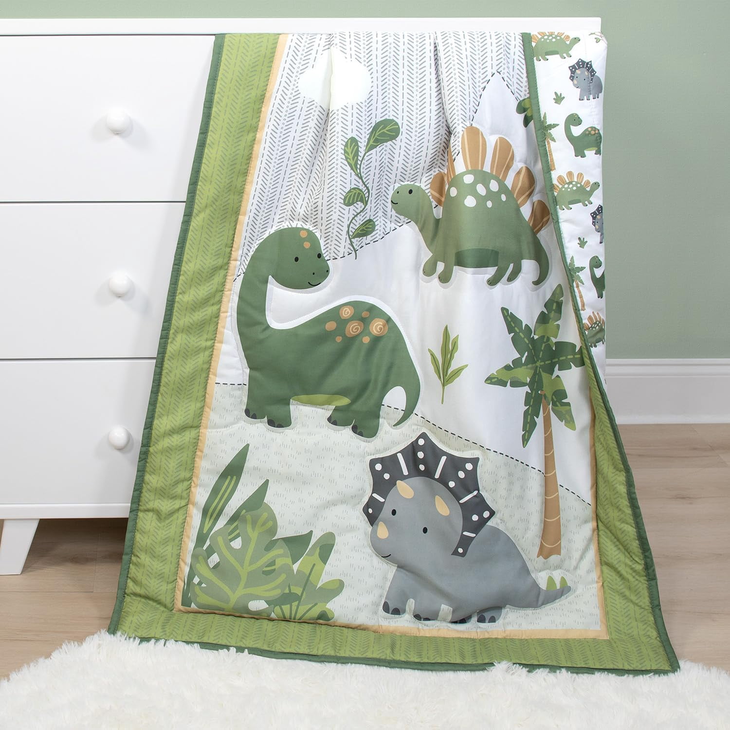 3 Piece Baby Crib Bedding Set Dinosaur Dreams Green Camo  Microfiber for Boys Nursery