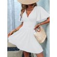 thumbnail image 4 of Women'S Ruched V Neck High Waist Casual Short Sleeve A-Line Dress White XL, 4 of 9