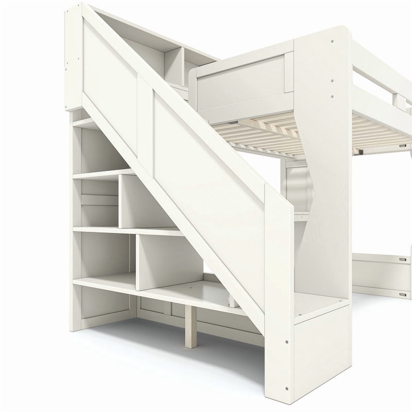 Full Size Teens Gaming Bed Frame with Storage Stair & Open Headboard Shelves, Wood Loft Bed with LED Light & Power Outlet Desk