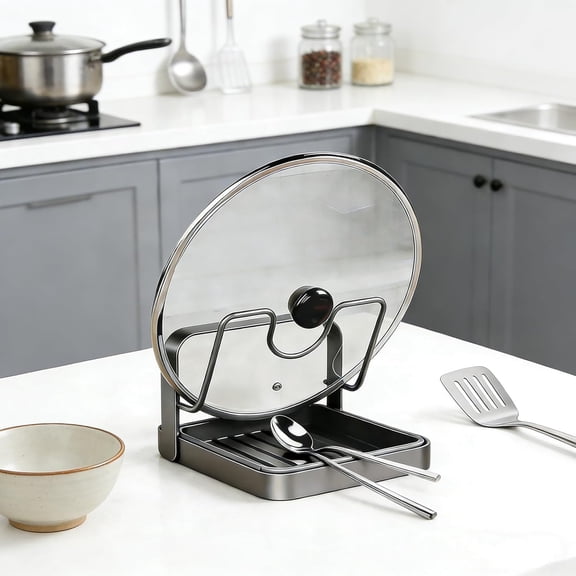 Stainless Steel Kitchen Lid Rack, Multifunctional Countertop Lid & Spoon Holder with Detachable Drip Tray, Space-Saving Storage Organizer (Black, 1-Pack)