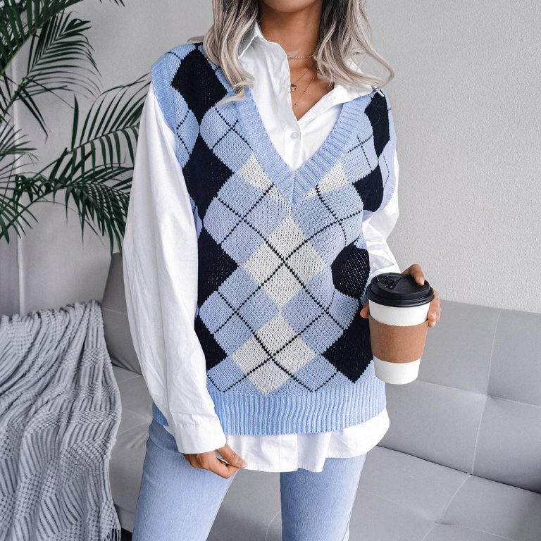 Women Knit Long Sleeve 2022 Autumn and Winter College Style Diamond V-Neck  Casual Loose Knitted Undershirt Sweater Women