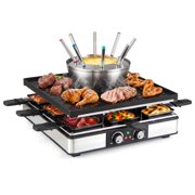 RUIE BBQ Grill with Fondue Pot Set for 8, 1800W Electric Indoor Grill with 8 Mini Grill Pans, Dual Thermostats, 26-Piece Raclette Set - Black