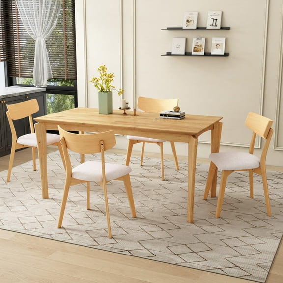 Christopher Knight Home Mid-Century 5 Piece Dining Set, 59" Wood Table and Upholstered Chairs, Light Beige Natural