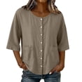 thumbnail image 2 of ClodeEU Women's Crew Neck 3/4 Sleeve Button Down Blouse,Casual Loose-Fit Linen Blend Shirt Khaki,Women's Plus XXL, 2 of 7