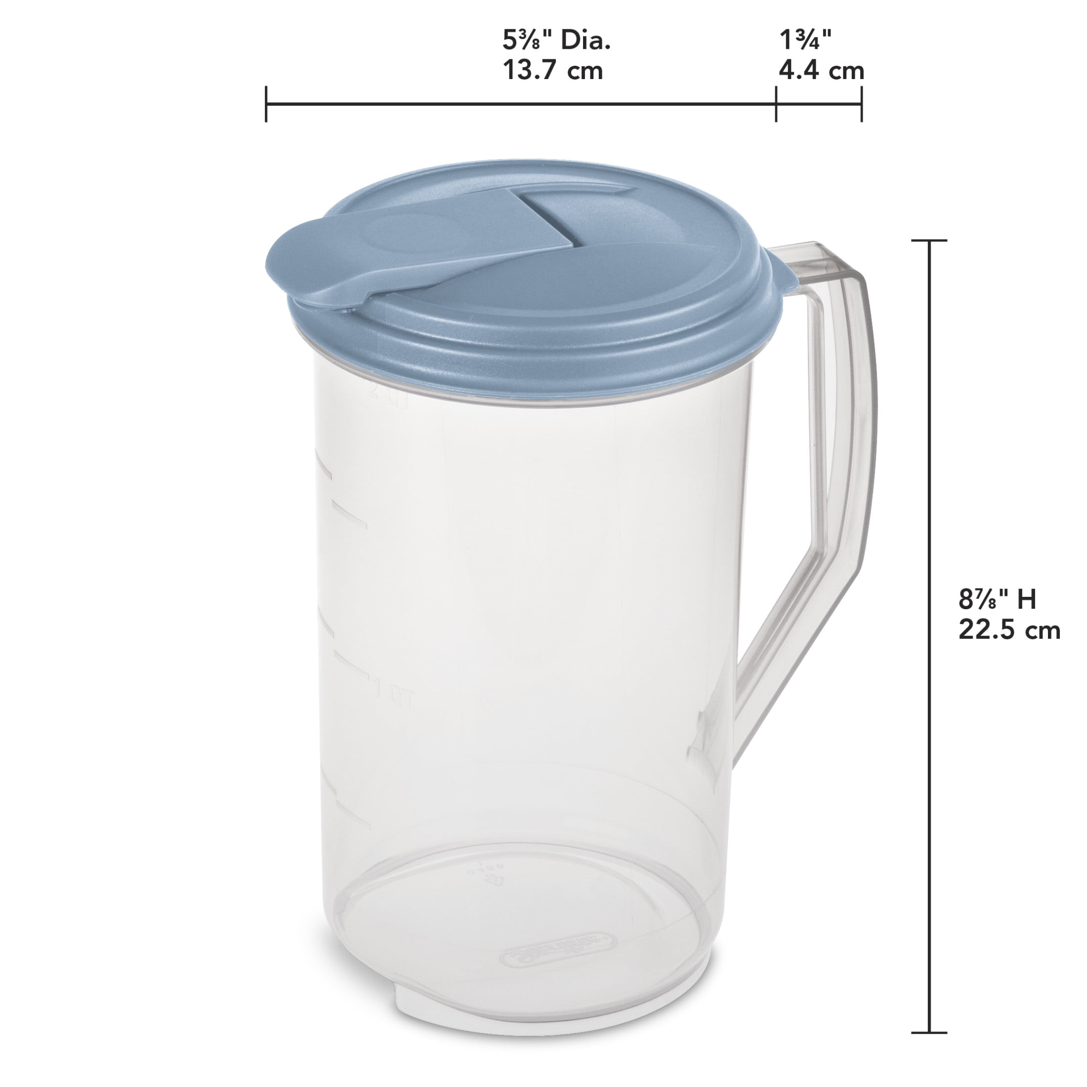 (2 pack) Sterilite, Pitcher, 2 Quart Round Pitcher, Clear Plastic, Flip-top Spout, Light Blue, plastic, 2 quart, useful for everyday beverage storage.