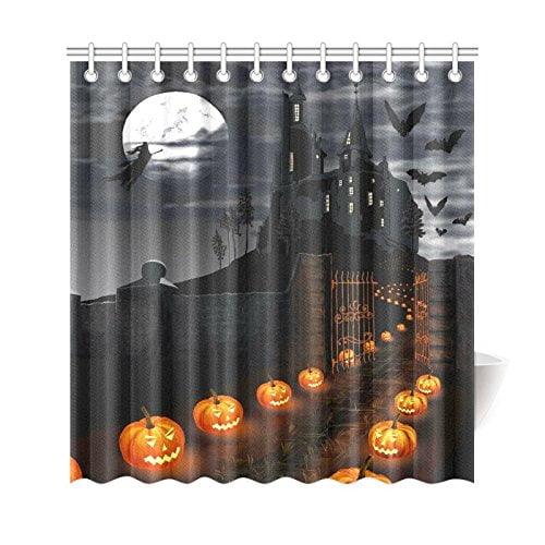 Halloween Spooky Tree Pumpkin Fabric Shower Curtain Set Bathroom w/ Free Hooks 