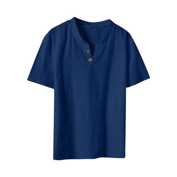 WRKEKC Mens Short Sleeve Button Down Shirts Solid Color Vintage Button Short Sleeve V-Neck Top Casual Shirt Retro Style Comfortable