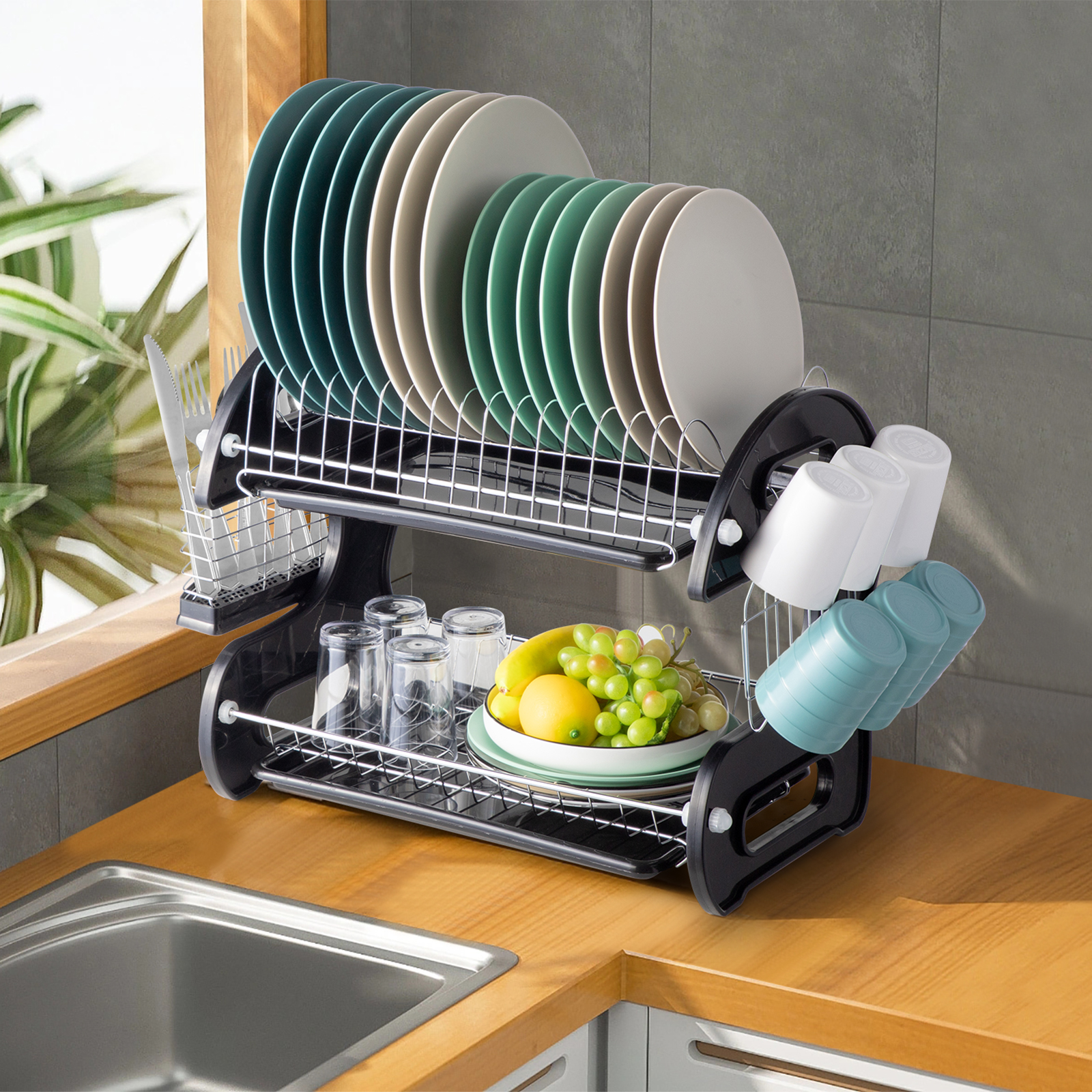 Ktaxon 2 Tier Dish Drainer Drying Rack Large Capacity Kitchen Storage Stainless Steel Holder,Washing Organizer - Overall Dimensions: 22.83" x 11" x 14.57" (L x W x H) - image 4 of 10