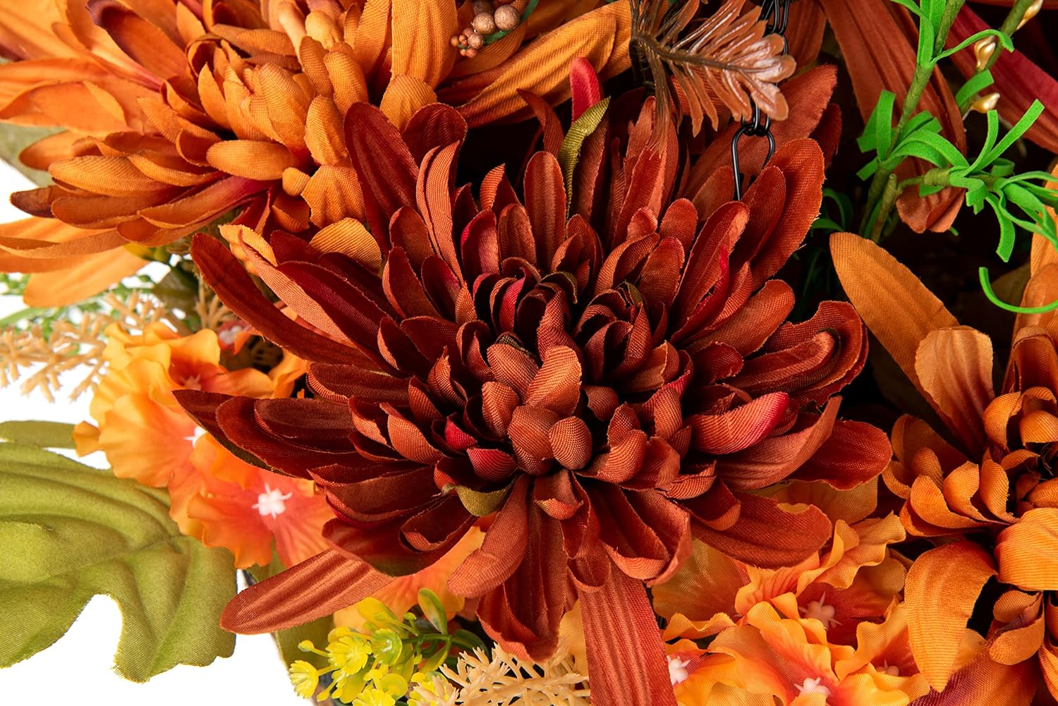 Artificial Faux Hanging Flowers Plants in Basket for Outdoor, Fully Assembled Fake Fall Orange Mix Silk Chrysanthemum Hydrangea Mums Arrangements Hanging Planter for Home Porch Patio Balcony Decor