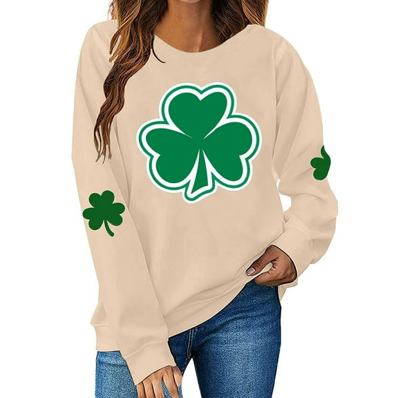 Moxiu St Patricks Day Women Sweatshirt Green Irish Clover Long Sleeve Sweatshirt Crewneck Shamrock Printed Pullover Tops 2025 Beige,L