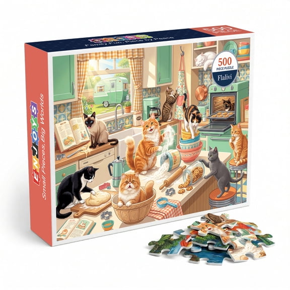 Cats Baking in Kitchen Jigsaw Puzzle for Adults 500 Pieces, Funny Cat Illustration Whimsical Retro Art, Premium Thick Cardboard with Matte Finish, Perfect Gift for Cat Lovers and Puzzle Enthusiasts