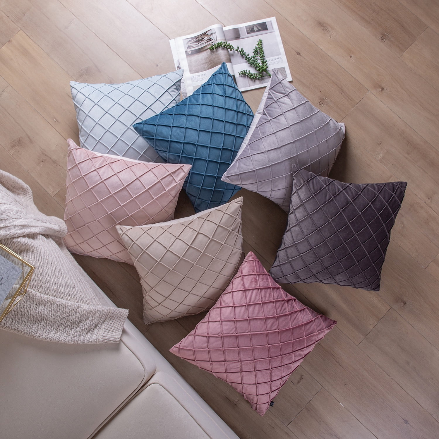 Phantoscope Pleated Velvet Pillow Covers, 18x18 Inch Set of 2, Square Decorative Throw Pillow Cases for Couch & Bed, Luxury Soft Cushion Covers, Beige