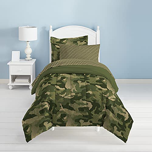 Dream Factory 5-Piece Easy-Wash Comforter Bedding Set, Twin, Green Geo Camo Bed in a Bag