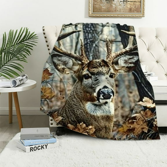BCIIG Camo Buck Deer Fleece Blanket for Bed, Queen Size Woodland Fleece Throw Blanket for Men, Women and Kids - Super Soft Plush Deer Blanket Throw, Queen size blanket 40x50in