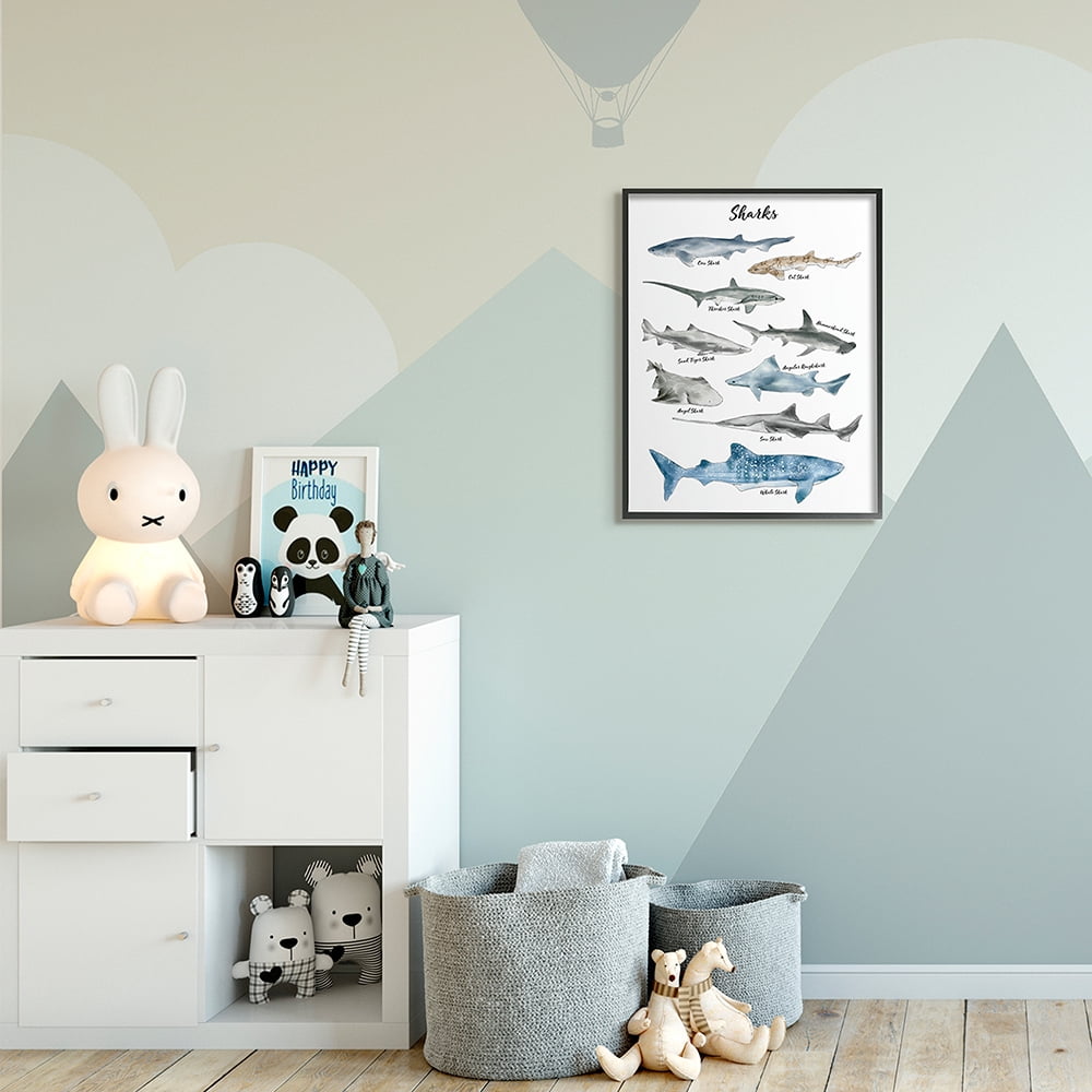 Stupell Industries Nautical Shark Chart Watercolor Marine Animals Black Framed by Ziwei Li