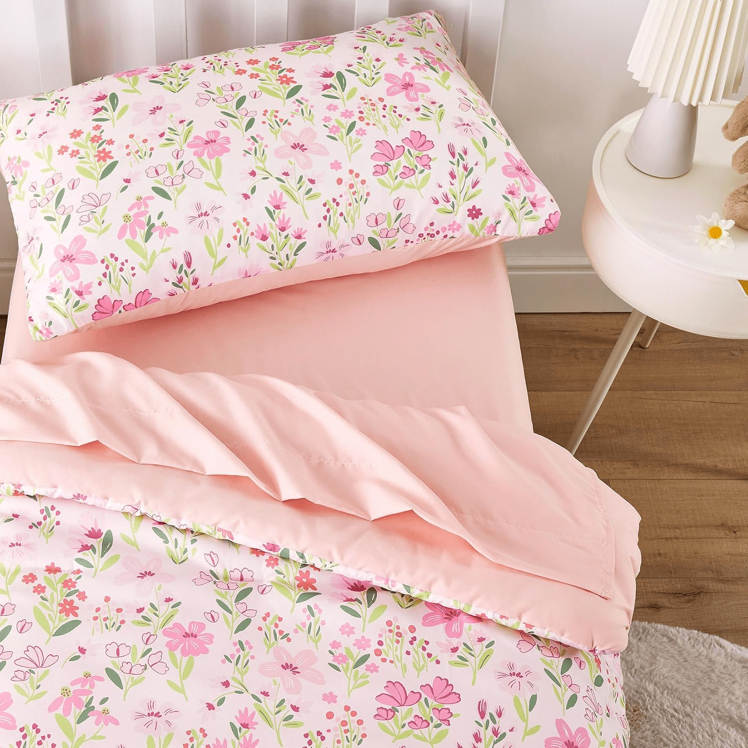 AllWays Plaza - Floral Toddler Bedding Set for Girls, Cute Colorful Botanical Flowers, 4 Pieces Soft Crib Bed Set Including Comforter, Sheets and Pillowcase, Light Pink