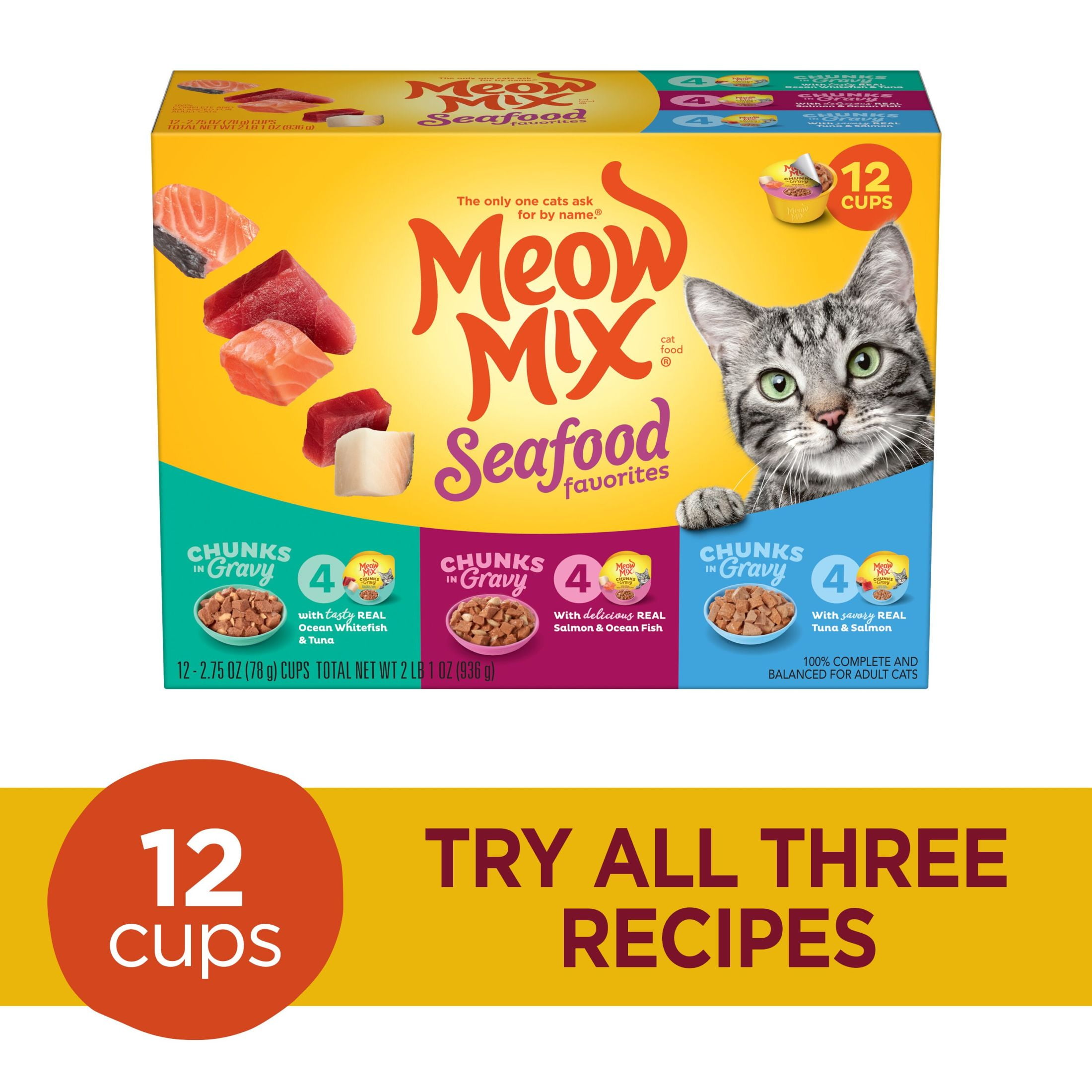 (4 pack) Meow Mix Savory Morsels Seafood Favorites Variety Pack, 2.75 oz Can (12 Pack)