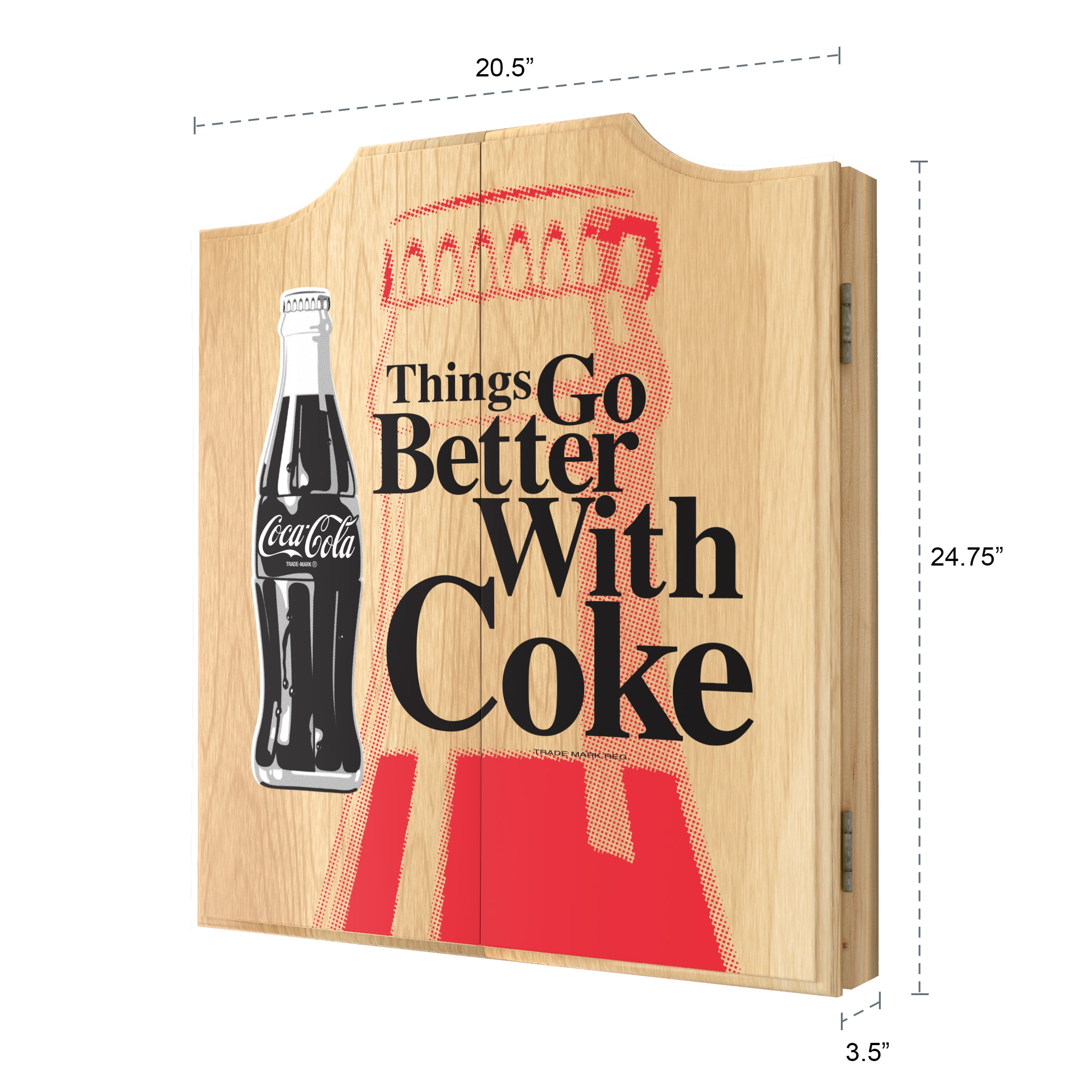 Coca-Cola Things Go Better with Coke Bottle Art Dart Board Cabinet Set with 6 Steel Tip Darts